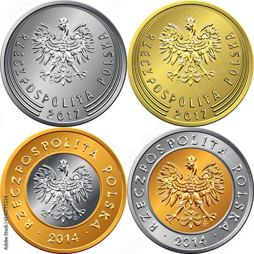 vector set of obverse Polish Money zloty and grosz gold and silver coins with eagle in a crown photo