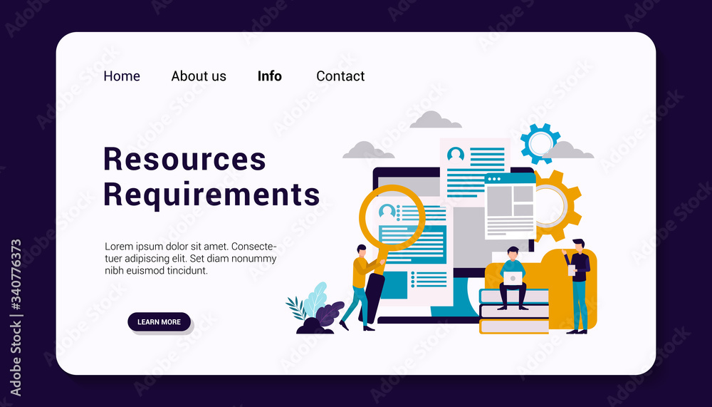 resources requirements landing page template with business human group concept, flat design. vector illustration