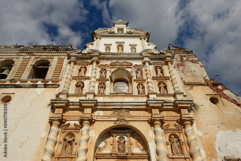 Colonial Style Churche Facade in Antigua at Sunset, Guatemala.