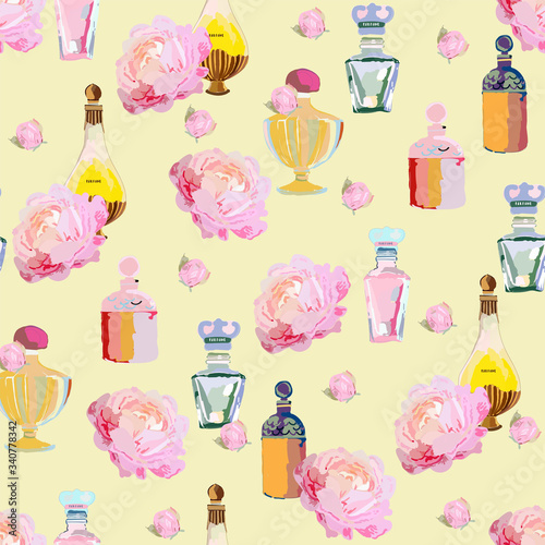 Vintage perfume bottles and large inflorescences of rose flowers on a light blue background. Hand-drawn seamless vector pattern. Design for fabric, cards and wallpapers.