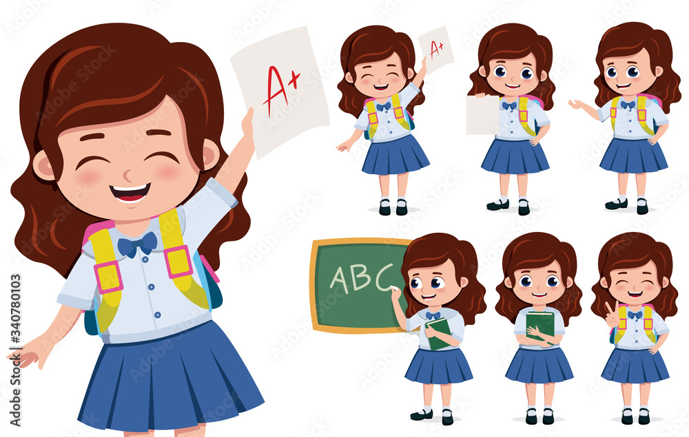 School girl student character vector set. School girl student characters in happy face holding paper with high grade and writing in chalkboard for education related design. Vector illustration. School girl student character vector set. School girl student characters in happy face holding paper with high grade and writing in chalkboard for education related design. Vector illustration.
