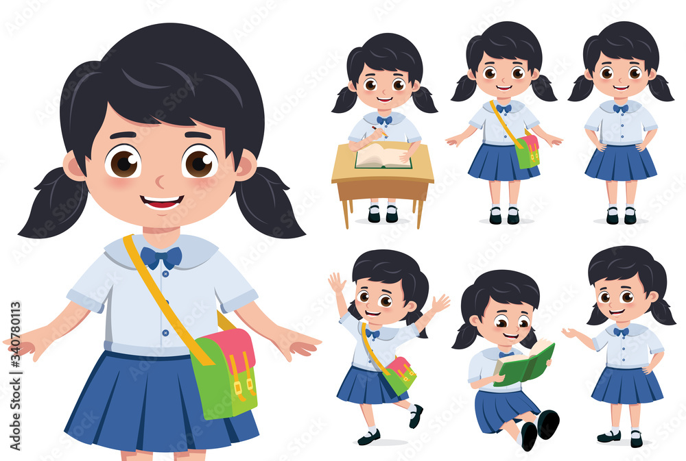 School girl student character vector set. Student girl for back to school elementary characters doing educational activity like reading book and writing in desk isolated in white background. School girl student character vector set. Student girl for back to school elementary characters doing educational activity like reading book and writing in desk isolated in white background.