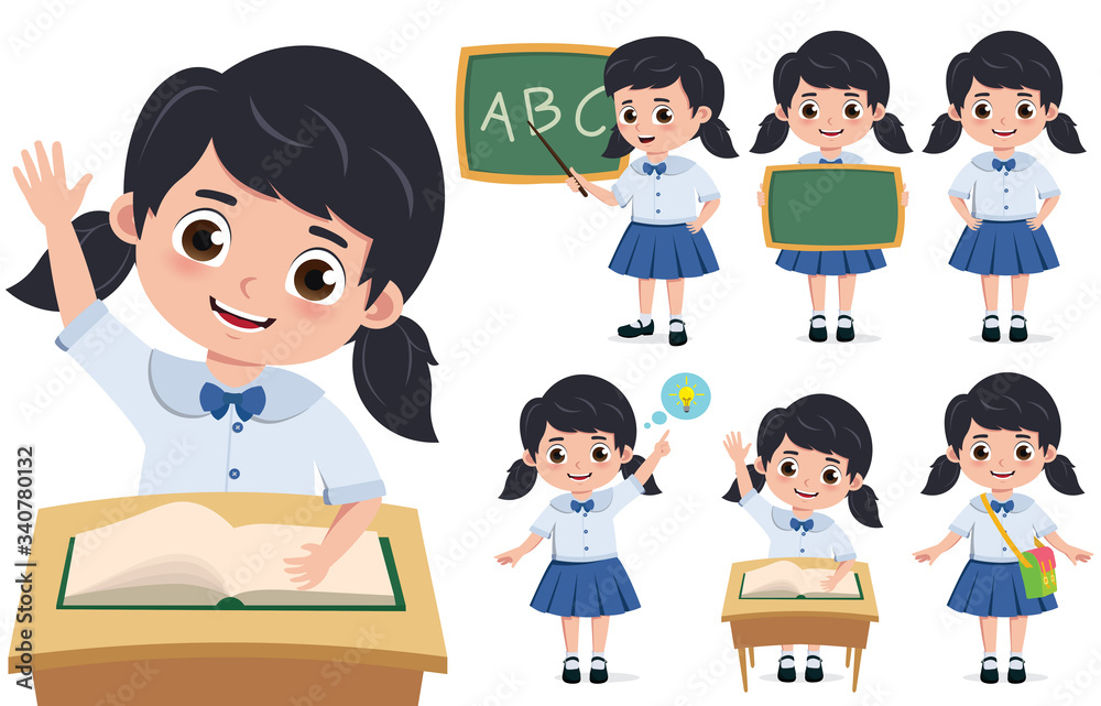 School girl student character vector set. Back to school elementary kid characters sitting in desk, wearing school uniform isolated in white background. Vector illustration.
School girl student character vector set. Back to school elementary kid characters sitting in desk, wearing school uniform isolated in white background. Vector illustration.