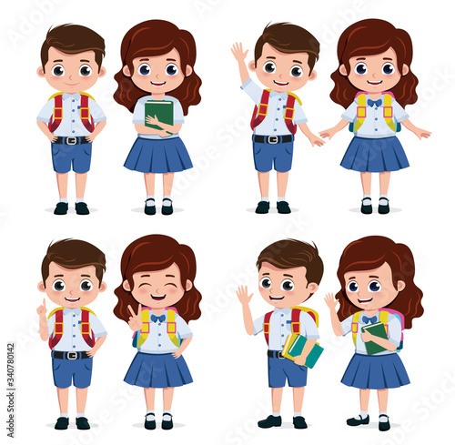 School students characters set. Student kids classmates character for back to school in standing pose and wearing elementary uniform isolated in white background. Vector illustration.
