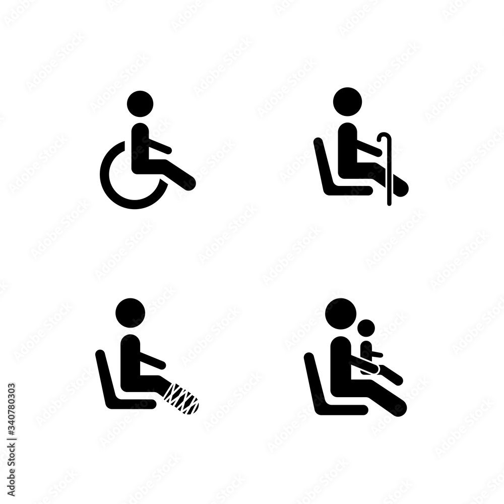 Set of priority seat line glyph design vector. Black glyph vector icon. Set of priority seat line glyph design vector. Black glyph vector icon.