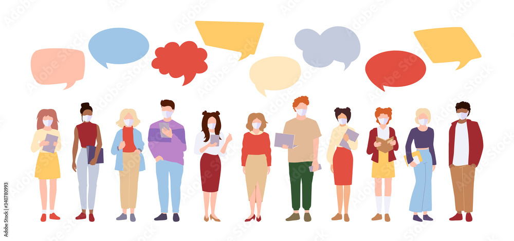 Vecteur Stock Coronavirus Covid 19 Large Group People Student In White Medical Face Mask Dispute Speech Bubble Icon Dialogue Discussion International Men Woman Facemask Debate Stop Pandemic Vector Illustration Adobe Stock