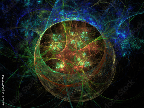 Abstract Illustration - Colorful Bright Blue Rings of Energy, Plasma, Chaotic Smoke Discharge, Scientific Plasma Study. Digital Flames, Artistic Design, Circles, Rings