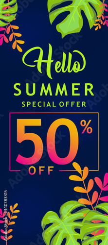 Hello summer sale design banner template on blue background for business