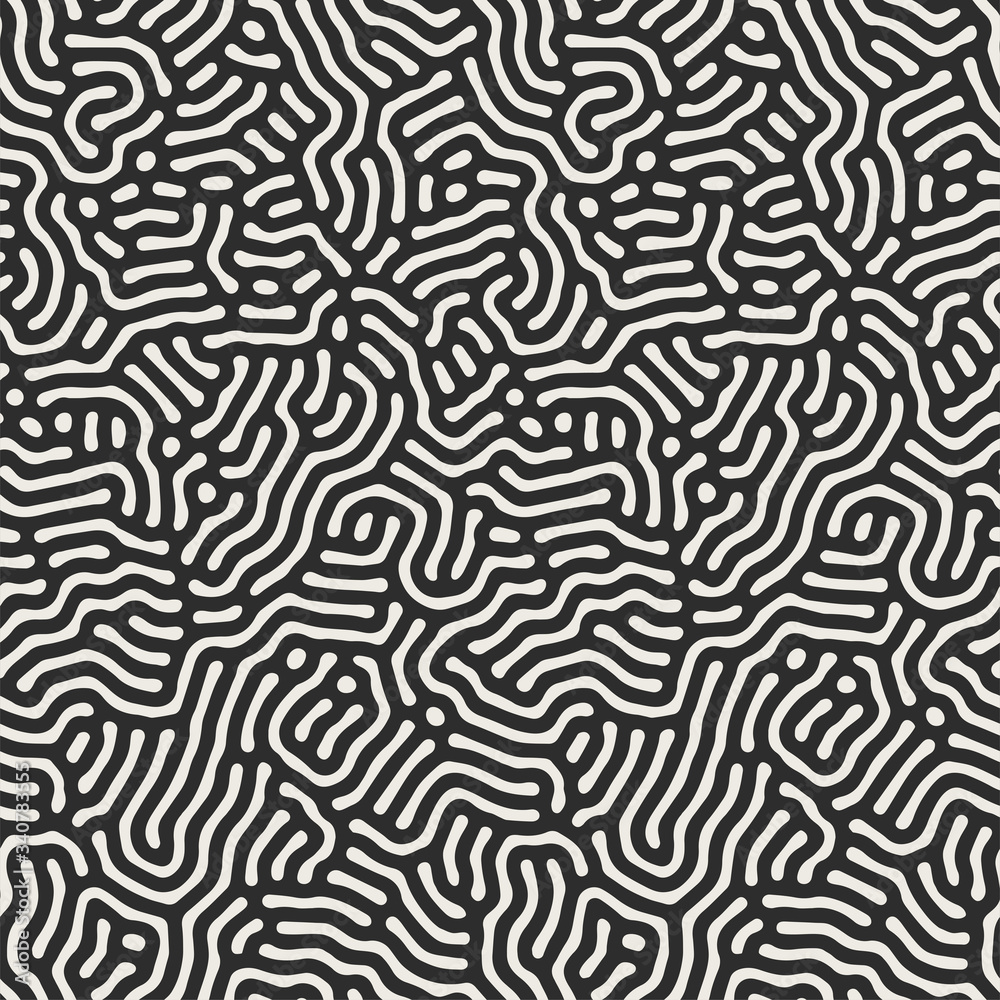 Vector seamless black and white wavy organic rounded shapes pattern. Abstract background