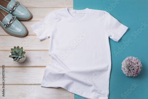 Women’s T-shirt mockup with turquoise loafers