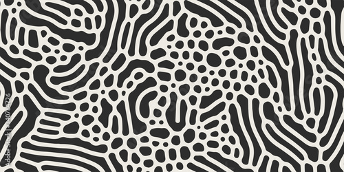 Vector seamless black and white organic rounded maze lines pattern. Abstract background in biological style