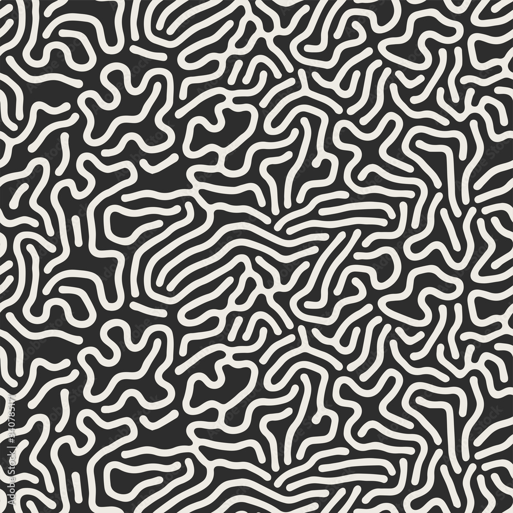 Vector seamless black and white organic rounded maze lines pattern. Abstract background in biological style