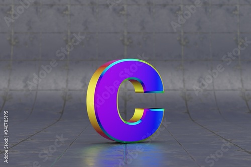 Wallpaper Mural Multicolor 3d letter C lowercase. Glossy iridescent letter on tile background. Metallic alphabet with studio light reflections. 3d rendered font character. Torontodigital.ca