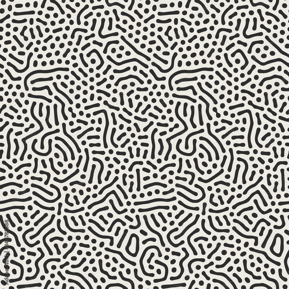 Vector seamless black and white organic rounded maze lines pattern. Abstract background in biological style