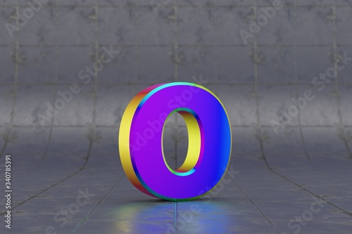 Multicolor 3d letter O lowercase. Glossy iridescent letter on tile background. Metallic alphabet with studio light reflections. 3d rendered font character.