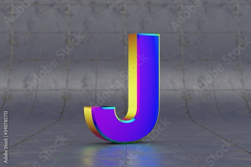 Multicolor 3d letter J uppercase. Glossy iridescent letter on tile background. Metallic alphabet with studio light reflections. 3d rendered font character.