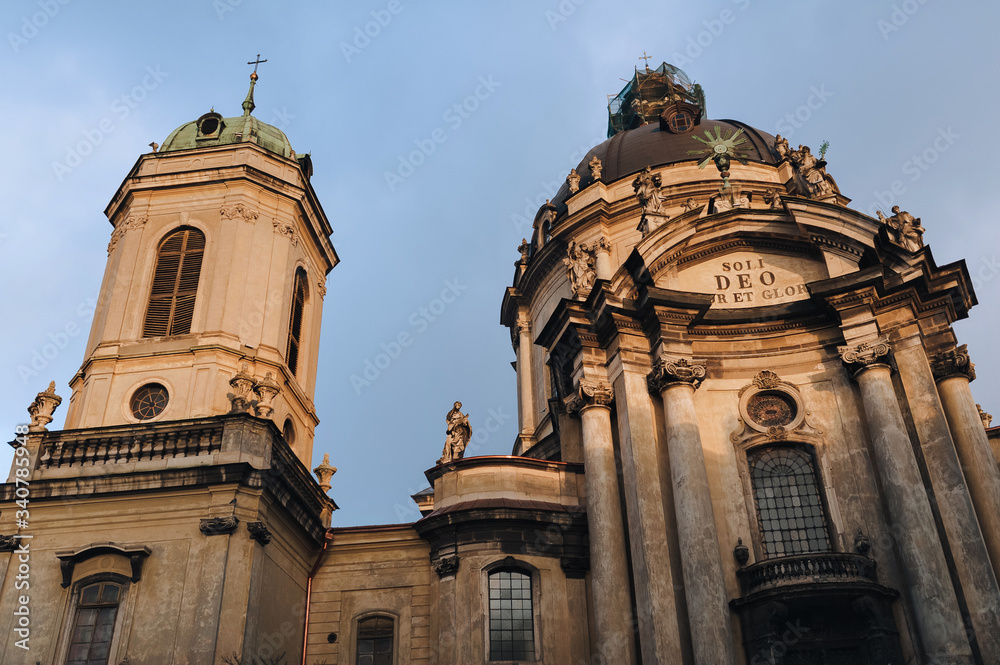 The Dominican church and monastery on sunset. Lviv, Ukraine. Old Town, Greek Catholic church of the Holy Eucharist.