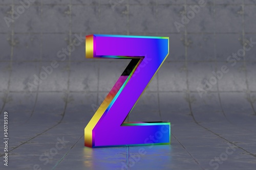 Multicolor 3d letter Z uppercase. Glossy iridescent letter on tile background. Metallic alphabet with studio light reflections. 3d rendered font character.