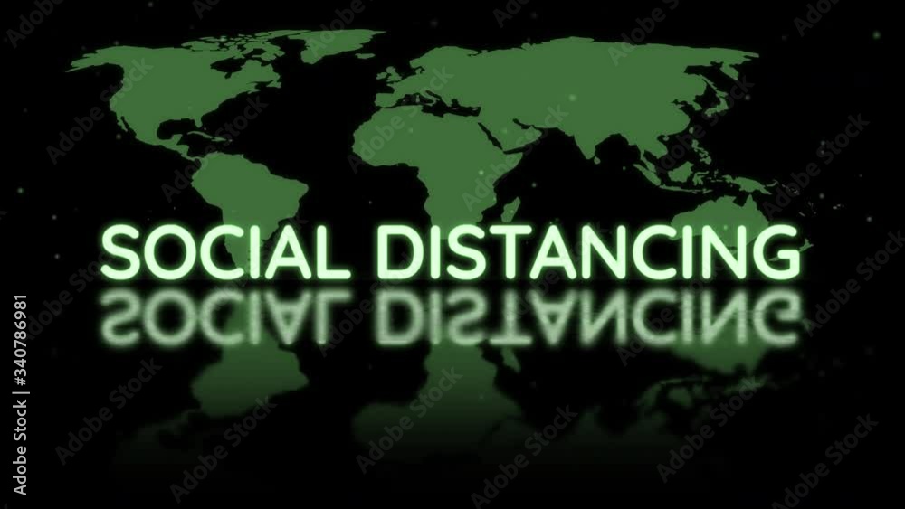 Social Distancing flickering light green blue neon sign with world map