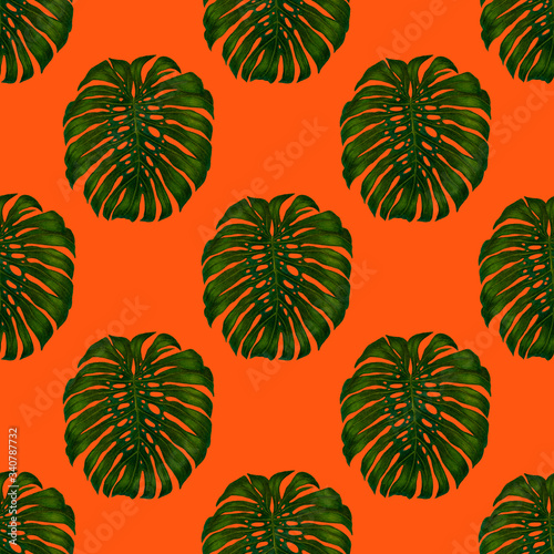 Beautiful seamless pattern with tropical leaves and flowers drawn with colored pencils. Retro bright summer background. Jungle foliage illustration. Swimwear botanical design. Vintage exotic print.