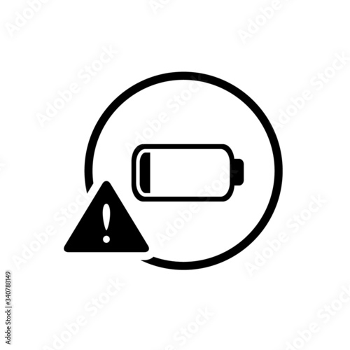 Black round low battery warning sign / icon, simple technology power charging level graphic flat design concept vector for app web banner button ui ux interface elements isolated on white background