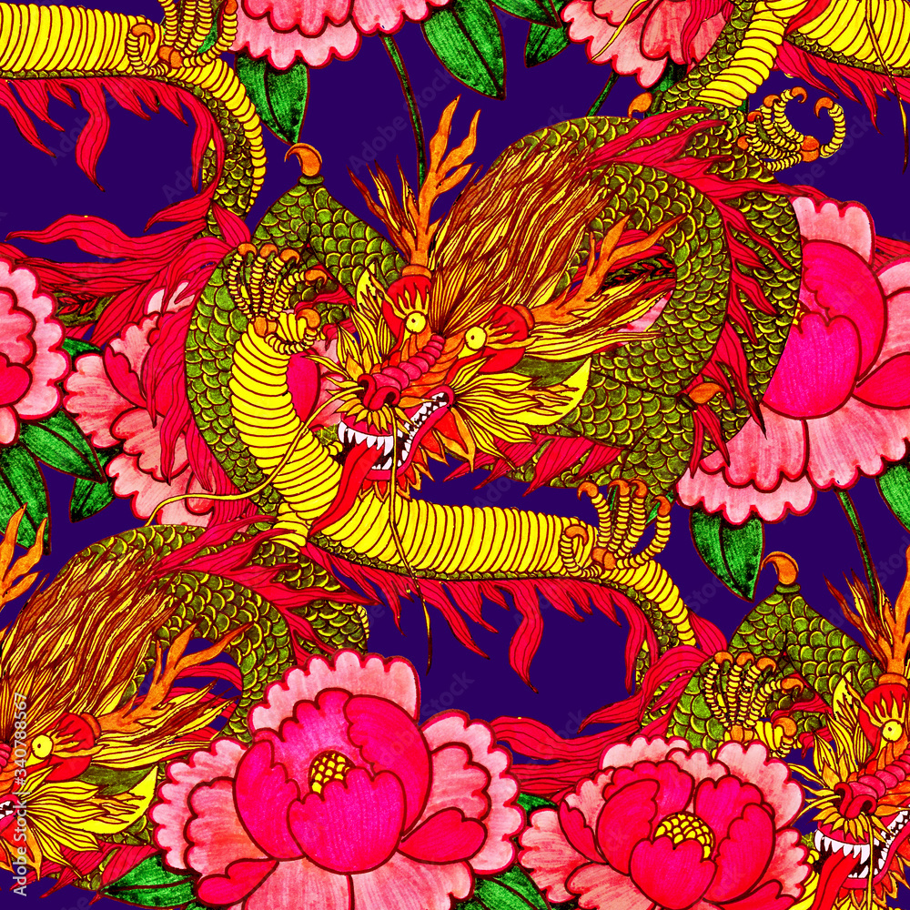 Creative seamless pattern with hand drawn chinese art elements: dragon, lantern, fan and flowers. Trendy print. Fantasy chinese dragon, great design for any purposes. Asian culture. Abstract art.
