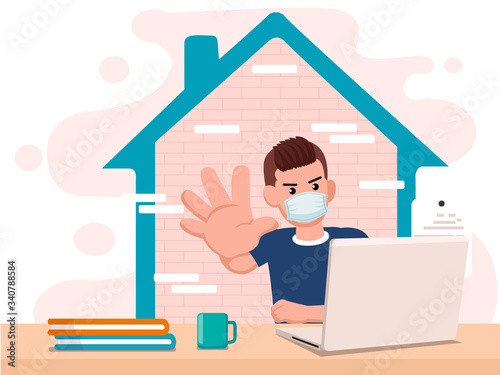 Man Working at home showing stop sign by hands. concept illustration freelancers working on laptops and computers. People at home in quarantine. Vector illustration