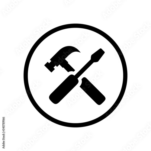 Black hammer and wrench crossed icon, tools needed, simple professional equipment flat design pictogram vector for app logo web banner button ui ux interface elements isolated on white background