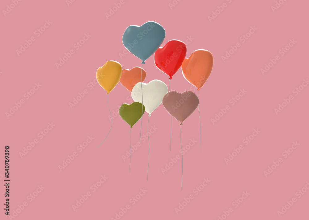 Colorful heart shaped balloons. 3D Rendering.