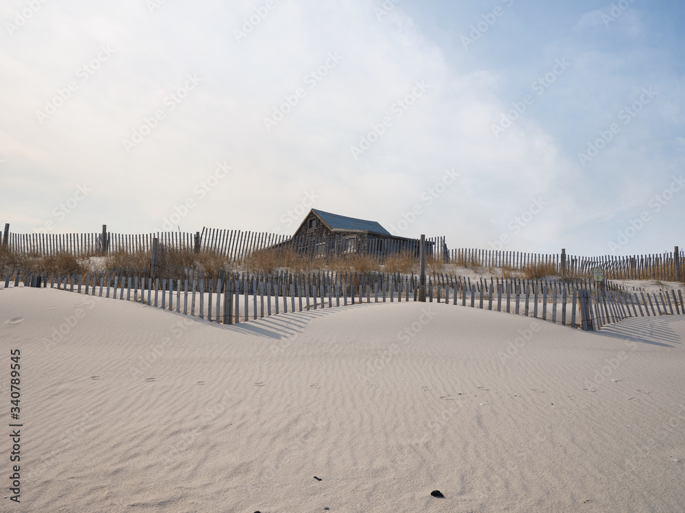 Protected Sand dunes by wooden fences on the New Jersey Island Beach State Park sand dunes