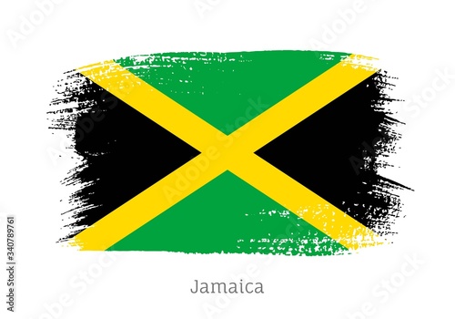 Jamaica caribbean island official flag in shape of paintbrush stroke. National identity symbol for patriotic design. Grunge brush blot isolated vector illustration. Jamaican nationality sign.