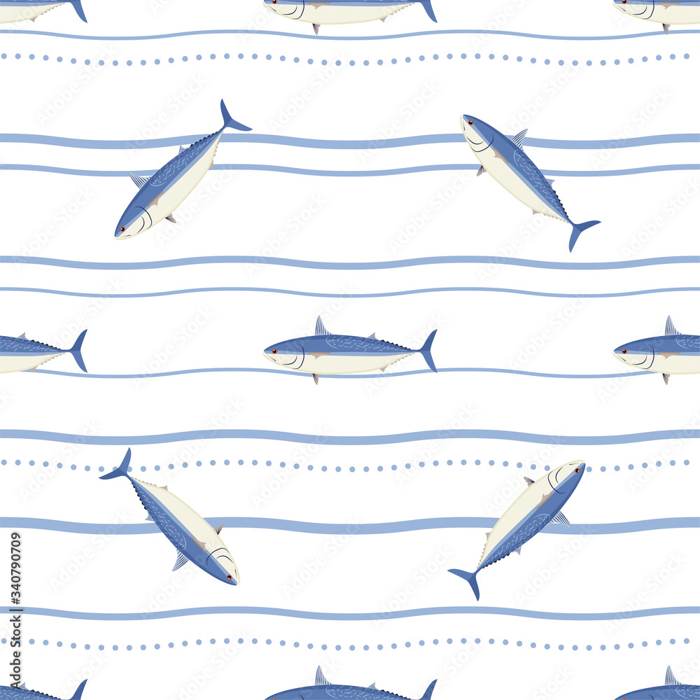 Tuna Fish. Mackerel Tuna. Colored Vector Patterns