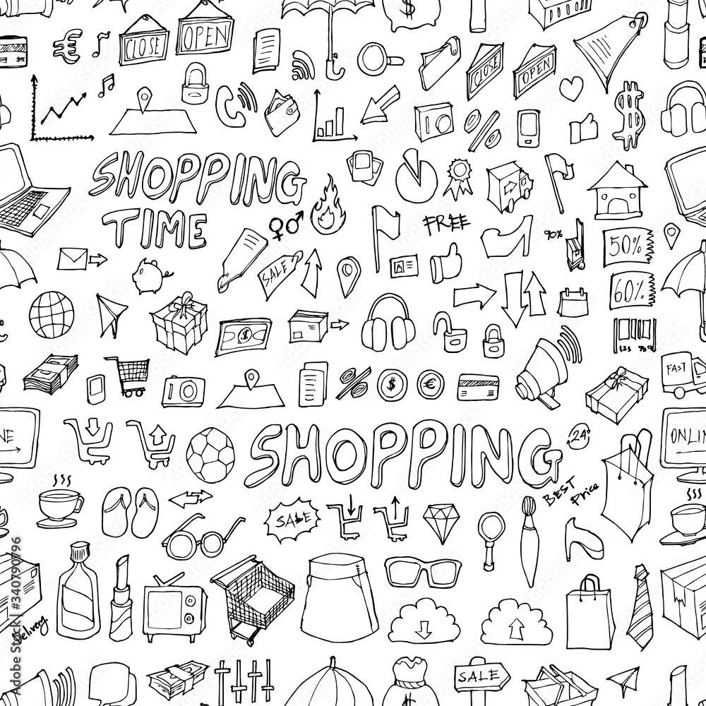 Shopping doodle background seamless pattern. Drawing vector illustration hand drawn eps10 Shopping doodle background seamless pattern. Drawing vector illustration hand drawn eps10