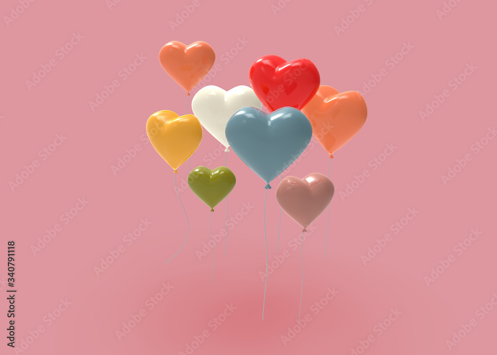 Colorful heart shaped balloons. 3D Rendering.
