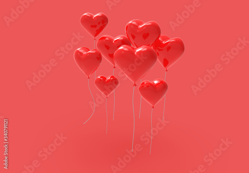 Red heart shaped balloons. 3D Rendering