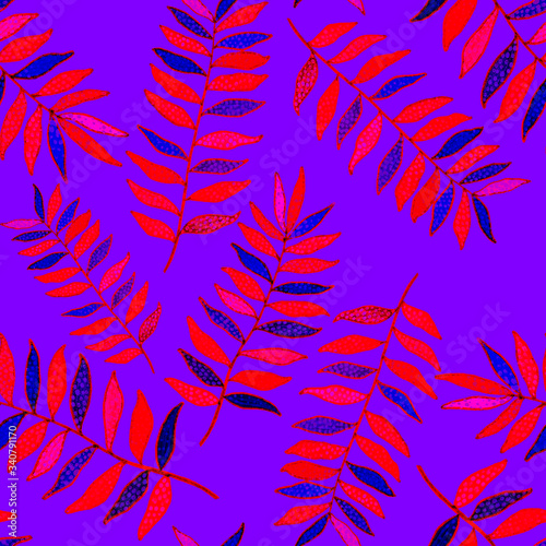 Modern abstract seamless pattern with creative colorful tropical leaves for design. Retro bright summer background. Jungle foliage illustration. Swimwear botanical design. Vintage exotic print.