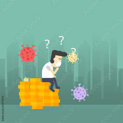 Coronavirus outbreak financial crisis arrow graph falling down. with businessman sit on money