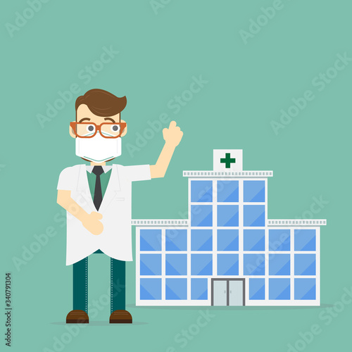 doctors with mask front of hospital,health care, covid-19 concept