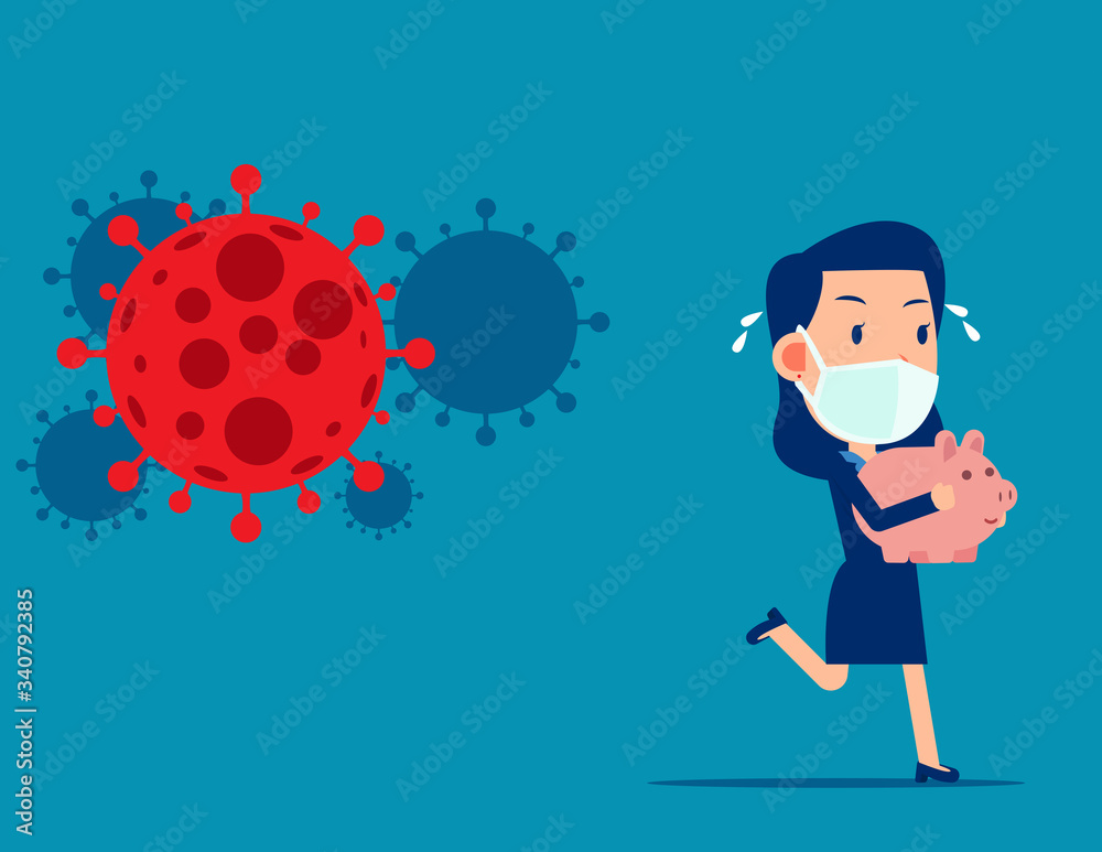 Businessman holding piggy bank running away for COVID - 19. Stock market panic sell from coronavirus pathogen Businessman holding piggy bank running away for COVID - 19. Stock market panic sell from coronavirus pathogen