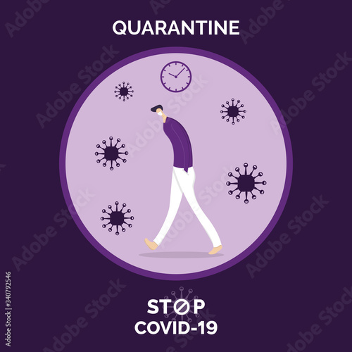 shelter in place. staying at home with self quarantine to help slow outbreak and protect virus spread. 
Young man in home mask stay isolation at home for self quarantine waiting to recover from fever.