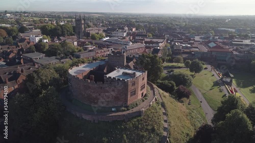 Aerial orbital of Tamworth castle from the south wall looking out over the town photo