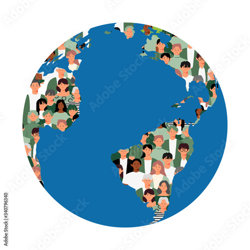 People anywhere on green planet earth illustration. World environment day flat vector. Earth day Design. Hand drawn wallpaper mother earth day. Ecology concept group of people taking care the Planet.