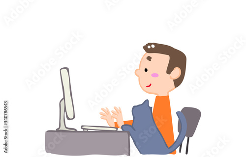 リモートワーク中にネコに邪魔される人のイラスト