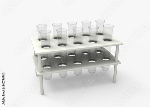Experiment tubes with stand. Isolated on white. Clipping path. 3D Rendering.