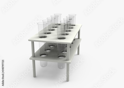 Experiment tubes with stand. Isolated on white. Clipping path. 3D Rendering.