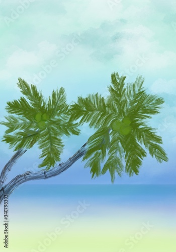 palm tree on the beach Watercolor seascapes illustration Summer beach with palm trees. Beautiful sky background