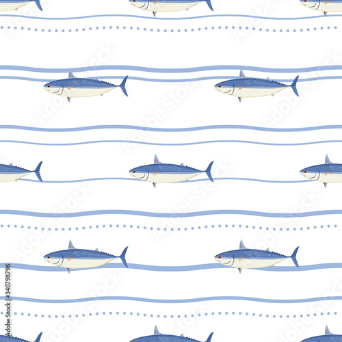 Tuna Fish. Mackerel Tuna. Colored Vector Patterns