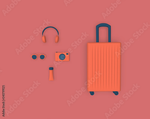 Travel. Headphones, sunglasses and camera. 3D Rendering.
