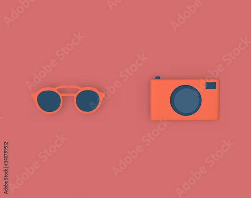 
Travel. Sunglasses and camera. 3D Rendering.