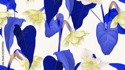 Floral seamless pattern, daffodil flowers with leaves in blue and yellow on light grey